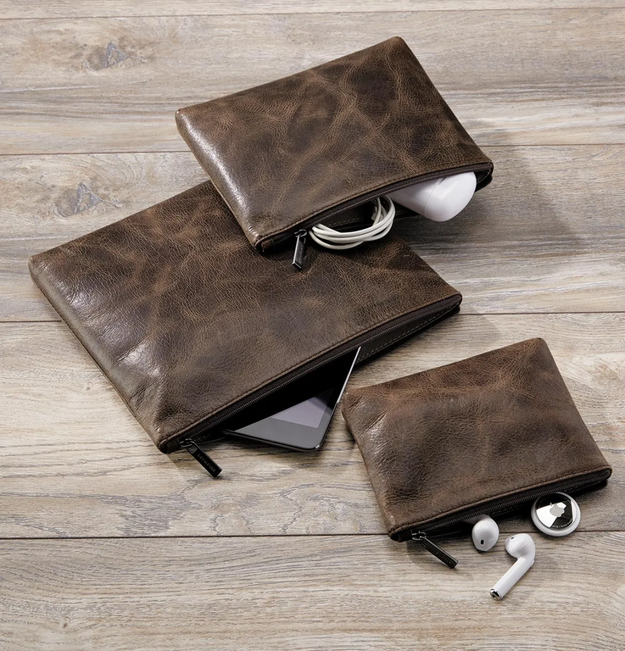 Levenger Dakota Leather Tech Pouches (set of 3)